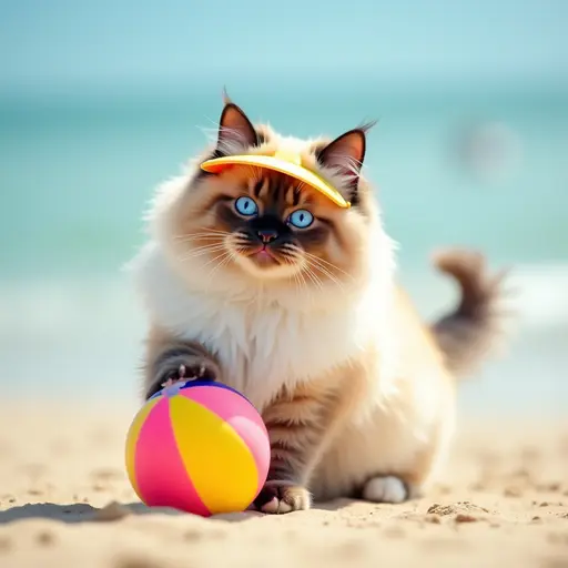 A fluffy Ragdoll cat with a beach ball, playfully batting at it on the sand while wearing a colorful sun visor on a bright summer day.