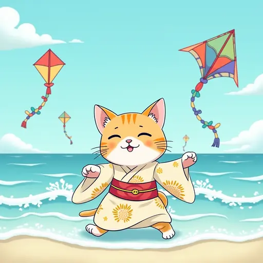 A cat in a beach kimono, dancing with the ocean waves, with colorful kites flying in the sky, in the style of Miyazaki.