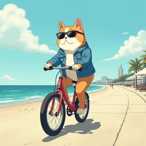 A cat(Bulldog) wearing a denim jacket and sunglasses, riding a bicycle along the beach promenade, with the ocean breeze blowing, in the style of Miyazaki