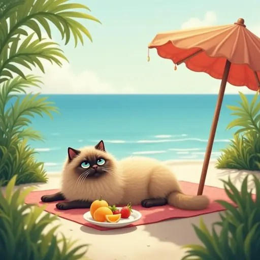 A gentle Himalayan cat lying under a beach umbrella, surrounded by lush greenery and a small bowl of fresh fruit, enjoying a peaceful day by the sea.