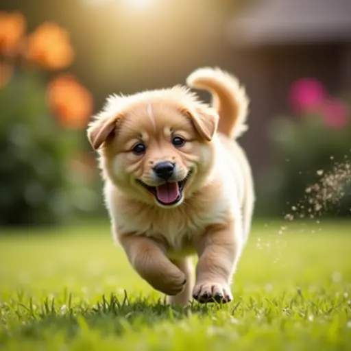 A fluffy puppy playfully chasing its tail in a sunny backyard, with flowers blooming around.