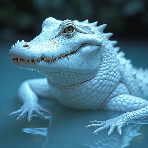 a hyper realistic image in 4K of albino Alligator that looks wears a second skin made of liquid metal shiney glass on her face that shines in neon transparent like glue, similar to an instagram filter