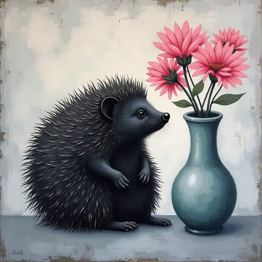 Abstract textured painting of a black Hedgehog sitting next to a vase with pink flowers, in the style of Ann Froud and Paulina P., against a gray background.