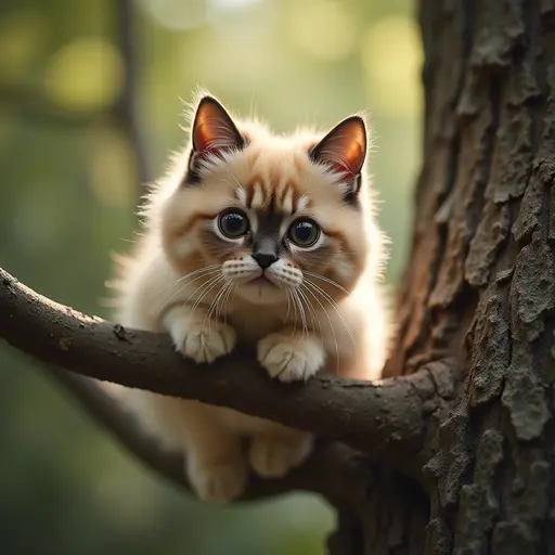 A curious Scottish Fold cat, with its unique folded ears, peering down from a tree branch, its big round eyes filled with wonder as it watches a passing dog.