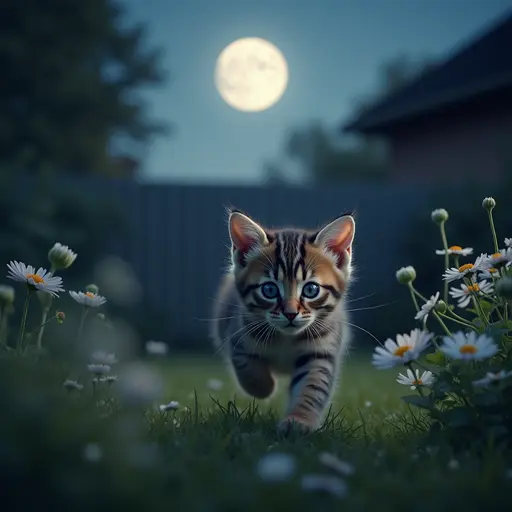 A kitten is exploring the yard under the moonlight, gracefully jumping among the flowers, its eyes sparkling with mystery.