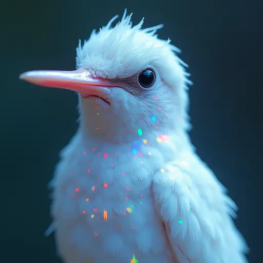 a hyper realistic image in 4K of albino Hummingbird that looks wears a second skin made of liquid metal shiney glass on her face that shines in neon transparent like glue, similar to an instagram filter