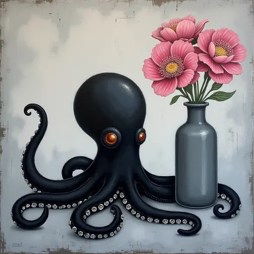 Abstract textured painting of a black Octopus sitting next to a vase with pink flowers, in the style of Ann Froud and Paulina P., against a gray background.