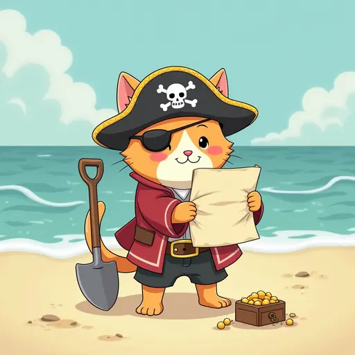 A cat dressed as a pirate, searching for buried treasure on the beach, with a map and a shovel, in the style of Miyazaki.