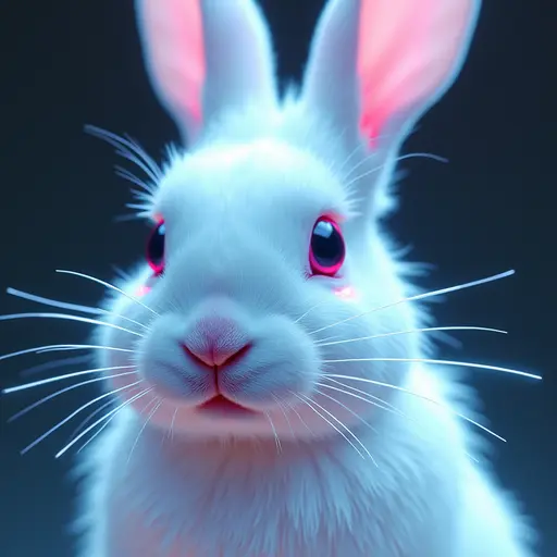 a hyper realistic image in 4K of albino Rabbit that looks wears a second skin made of liquid metal shiney glass on her face that shines in neon transparent like glue, similar to an instagram filter