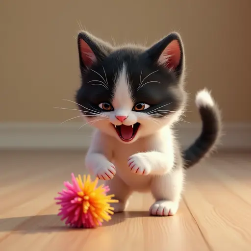 A black-and-white kitten is excitedly chasing a colorful pom-pom, playfully batting at it with its little paws, beads of sweat forming on its forehead, looking both adorable and mischievous - 3d 8k hyper real octane render blender