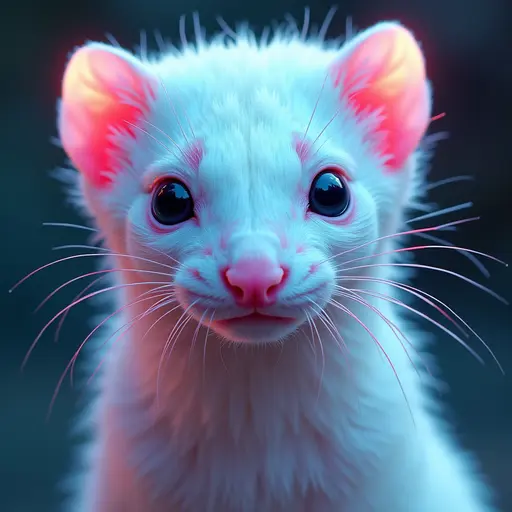 a hyper realistic image in 4K of albino Ferret that looks wears a second skin made of liquid metal shiney glass on her face that shines in neon transparent like glue, similar to an instagram filter