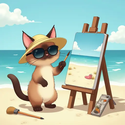 A cat(Siamese Cat) in a sun hat and sunglasses, painting a canvas of the beach scene, with easels and art supplies scattered around, in the style of Miyazaki.