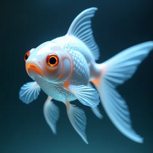 a hyper realistic image in 4K of albino Goldfish that looks wears a second skin made of liquid metal shiney glass on her face that shines in neon transparent like glue, similar to an instagram filter