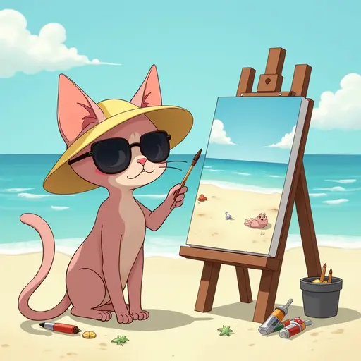 A cat(Sphynx Cat) in a sun hat and sunglasses, painting a canvas of the beach scene, with easels and art supplies scattered around, in the style of Miyazaki.