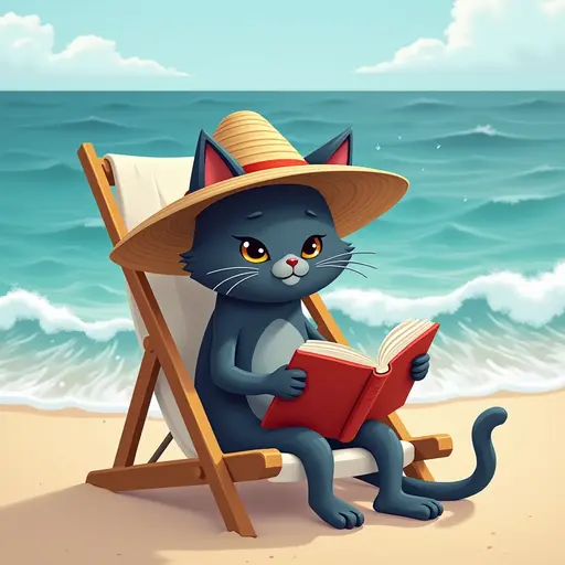 A sleek Russian Blue cat sitting on a beach chair, reading a book while wearing a straw hat, with the ocean waves crashing nearby.