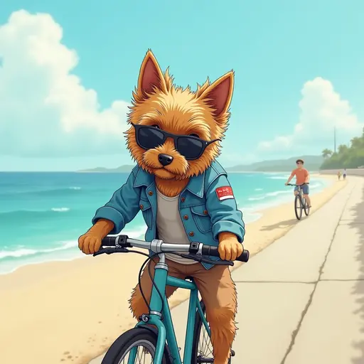 A Yorkshire Terrier wearing a denim jacket and sunglasses, riding a bicycle along the beach promenade, with the ocean breeze blowing, in the style of Miyazaki