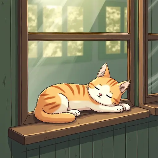 cat lie on the windowsill of the cafe, with its eyes closed, it is about to fall asleep. detailed, cartoon. style: Hayao Miyazaki.