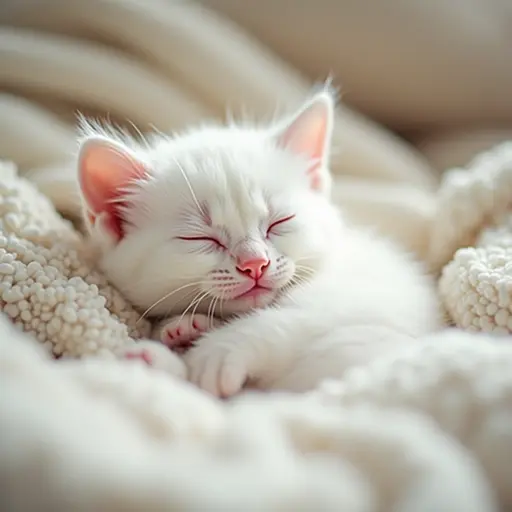 A white kitten is curled up on a soft blanket, with a slight smile on its face, as if dreaming of chasing little fish, radiating an aura of peaceful cuteness.