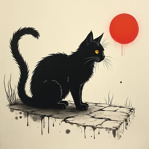 Minimalist ink, survival horror, prowling Persian Cat