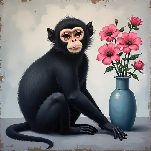 Abstract textured painting of a black Capuchin Monkey sitting next to a vase with pink flowers, in the style of Ann Froud and Paulina P., against a gray background.