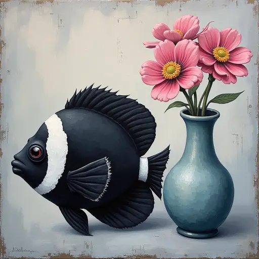 Abstract textured painting of a black Clownfish sitting next to a vase with pink flowers, in the style of Ann Froud and Paulina P., against a gray background.