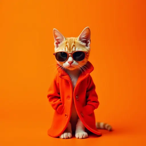 The best mobile wallpaper, Award-winning wallpaper, Portrait Photography, In front view is a portrait of a cute cat wearing 1960s mid-century space-age fashion, Side view shot, Shot with Canon EOS R5, Setting a stark contrast that accentuates the subject, Fluorescent orange shade, Wearing a very fashionable lounge coat and sunglasses are a hip 1960s style, Clothing all in one color, Beautiful background