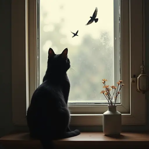 A black cat is sitting by the window, intently watching birds outside, occasionally letting out soft meows, filled with curiosity.