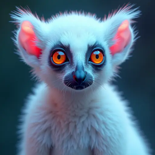 a hyper realistic image in 4K of albino Lemur that looks wears a second skin made of liquid metal shiney glass on her face that shines in neon transparent like glue, similar to an instagram filter