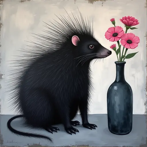 Abstract textured painting of a black Porcupine sitting next to a vase with pink flowers, in the style of Ann Froud and Paulina P., against a gray background.