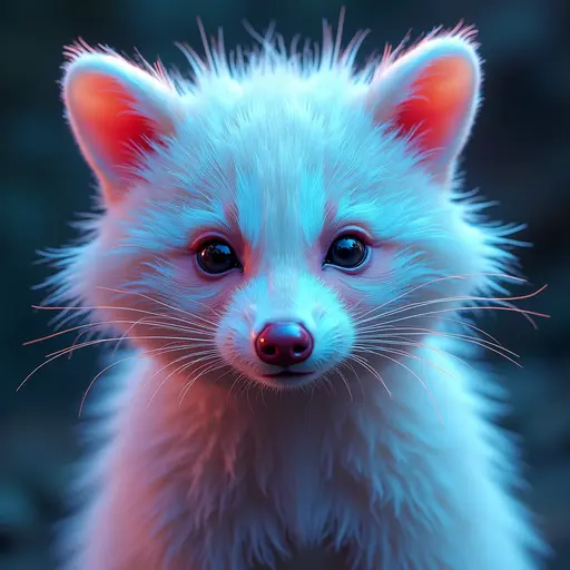 a hyper realistic image in 4K of albino Raccoon that looks wears a second skin made of liquid metal shiney glass on her face that shines in neon transparent like glue, similar to an instagram filter