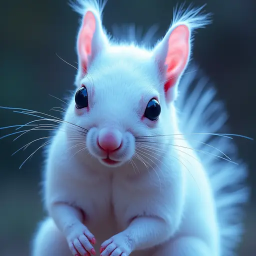 a hyper realistic image in 4K of albino Squirrel that looks wears a second skin made of liquid metal shiney glass on her face that shines in neon transparent like glue, similar to an instagram filter