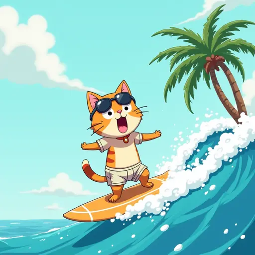 A cat in a beach suit, riding a surfboard on a big wave, looking excited, with palm trees swaying in the background, in the style of Miyazaki.