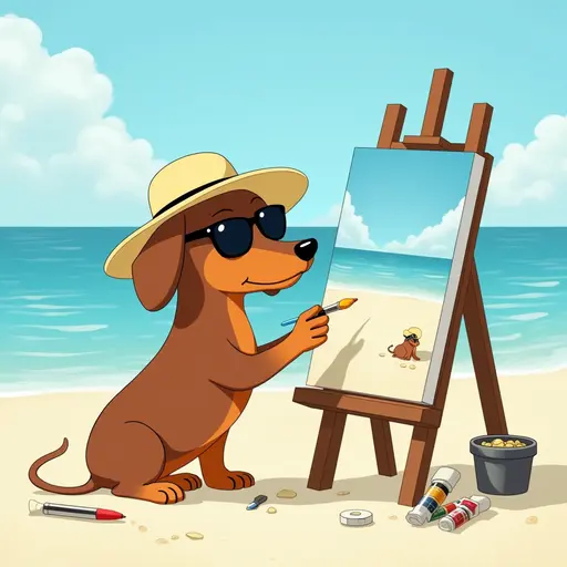 A dog(Dachshund) in a sun hat and sunglasses, painting a canvas of the beach scene, with easels and art supplies scattered around, in the style of Miyazaki.