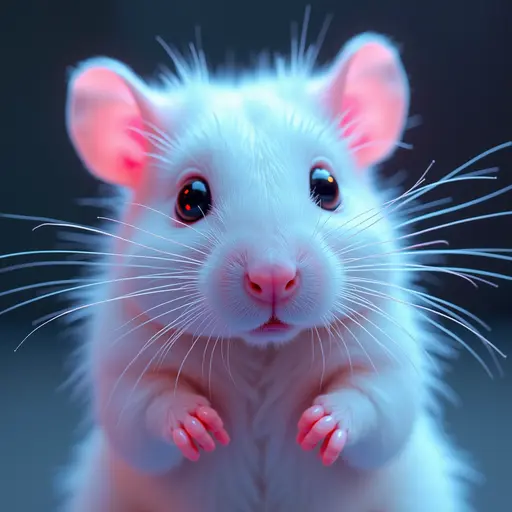 a hyper realistic image in 4K of albino Hamster that looks wears a second skin made of liquid metal shiney glass on her face that shines in neon transparent like glue, similar to an instagram filter