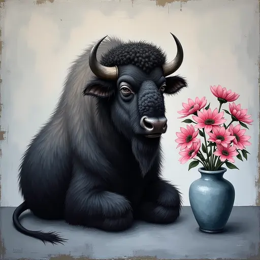 Abstract textured painting of a black Bison sitting next to a vase with pink flowers, in the style of Ann Froud and Paulina P., against a gray background.