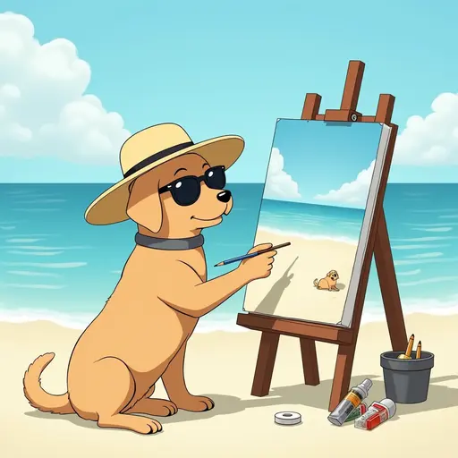 A dog(Labrador Retriever) in a sun hat and sunglasses, painting a canvas of the beach scene, with easels and art supplies scattered around, in the style of Miyazaki.