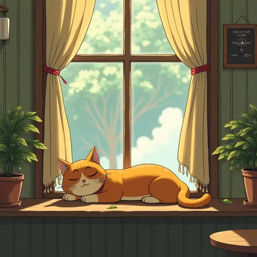 cat lie on the windowsill of the cafe, detailed, hd, cartoon, Hayao Miyazaki style similar