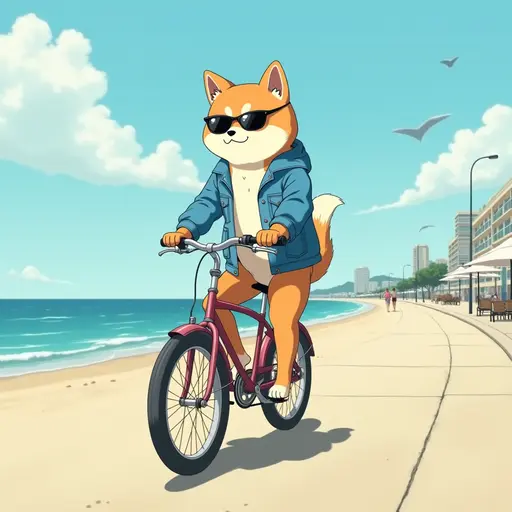 A cat(Shiba Inu) wearing a denim jacket and sunglasses, riding a bicycle along the beach promenade, with the ocean breeze blowing, in the style of Miyazaki