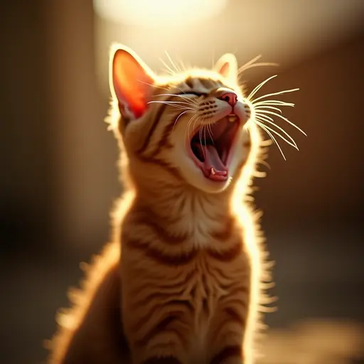 An orange tabby cat captured in backlight, with a clear silhouette against a blurred background, yawning cutely and appearing very lovable.