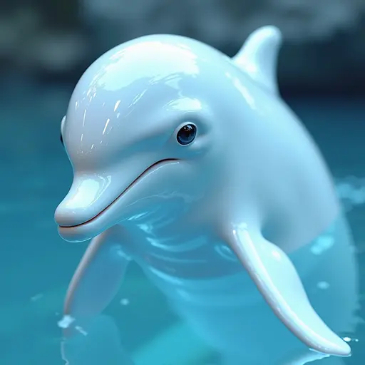 a hyper realistic image in 4K of albino Dolphin that looks wears a second skin made of liquid metal shiney glass on her face that shines in neon transparent like glue, similar to an instagram filter