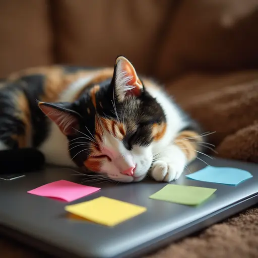 A calico cat sleeping on a warm laptop, with a few colorful sticky notes stuck to its fur.