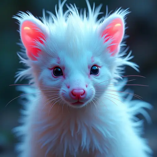 a hyper realistic image in 4K of albino Skunk that looks wears a second skin made of liquid metal shiney glass on her face that shines in neon transparent like glue, similar to an instagram filter