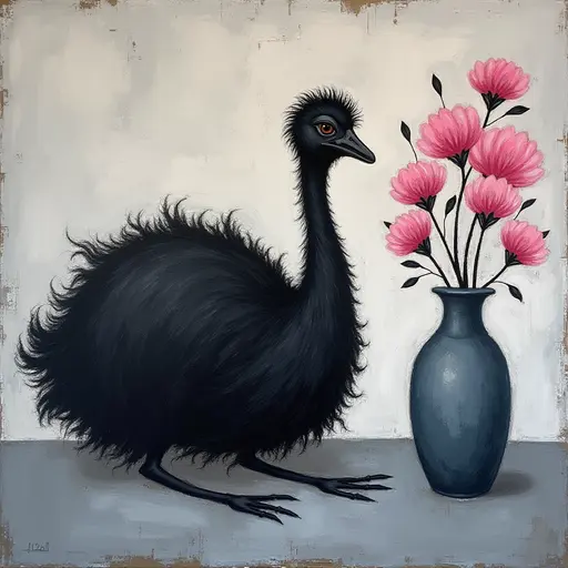 Abstract textured painting of a black Emu sitting next to a vase with pink flowers, in the style of Ann Froud and Paulina P., against a gray background.