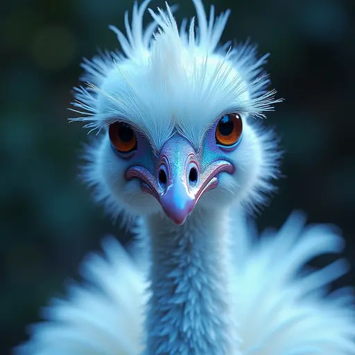 a hyper realistic image in 4K of albino Emu that looks wears a second skin made of liquid metal shiney glass on her face that shines in neon transparent like glue, similar to an instagram filter