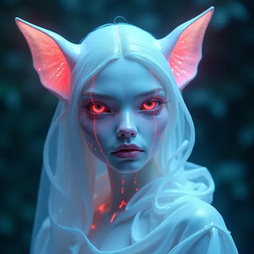 a hyper realistic image in 4K of albino Bat that looks wears a second skin made of liquid metal shiney glass on her face that shines in neon transparent like glue, similar to an instagram filter