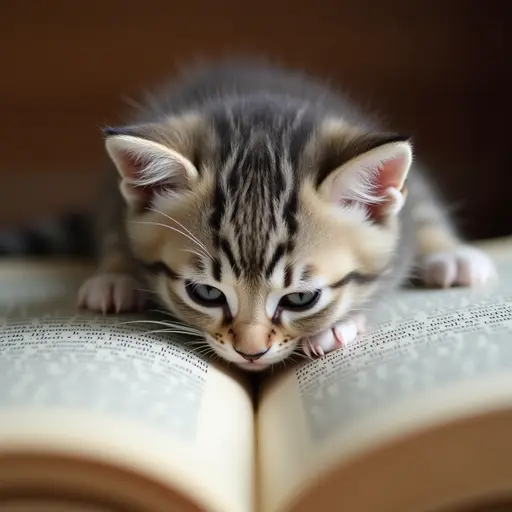 A kitten is lying on an open book, rubbing its cheek against the text, as if reading seriously, with a curious look in its eyes.