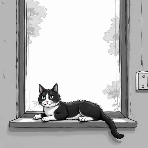 cat Lie on the windowsill of the café, cartoon, black and white