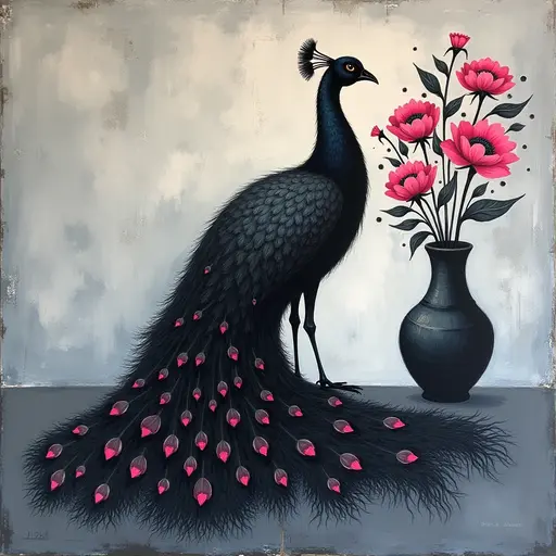 Abstract textured painting of a black Peacock sitting next to a vase with pink flowers, in the style of Ann Froud and Paulina P., against a gray background.