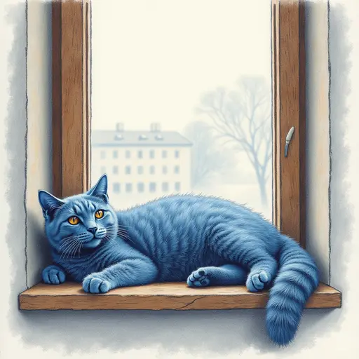 Russian Blue, Lie on the windowsill of the café, colored pencil drawing