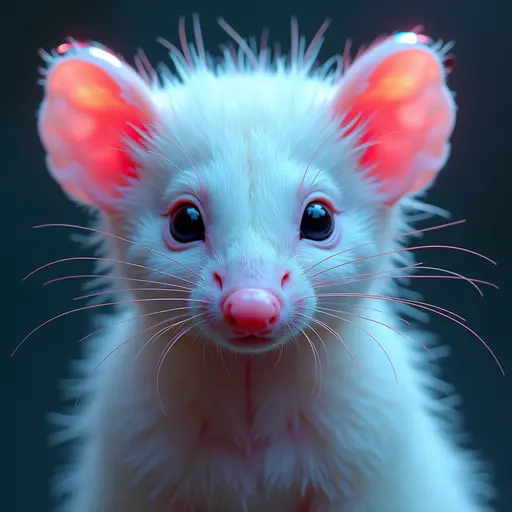 a hyper realistic image in 4K of albino Opossum that looks wears a second skin made of liquid metal shiney glass on her face that shines in neon transparent like glue, similar to an instagram filter